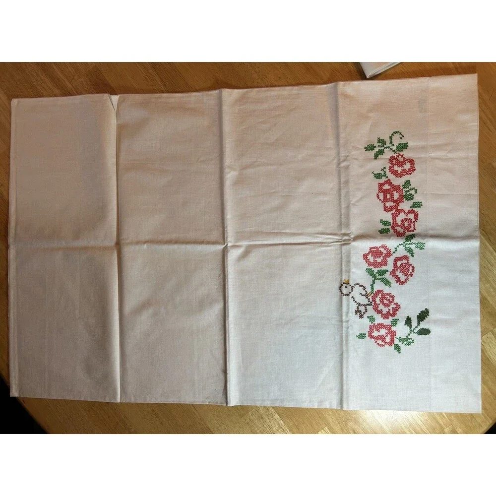 Vintage Cannon Muslin Pillowcases Pair Rose Bird Applique USA Cotton Set 2